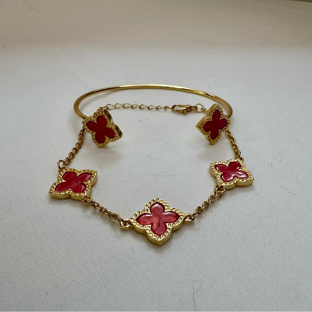 Gold Plated, Stainless Steel Pink/Coral Clover Cuff and Bracelet Set - NWOT